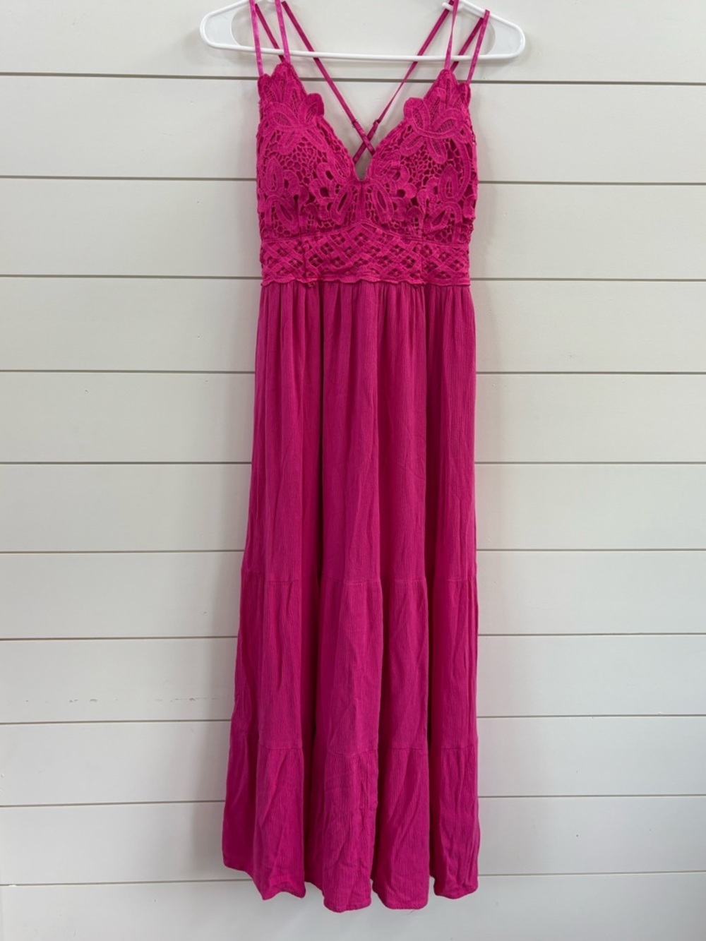 Blue B Collection Bright Pink Maxi Dress with Lace Bodice